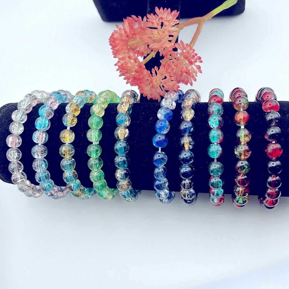 BOHO STYLE GRADIENT GLASS BEADS BRACELET STRETCHABLE DARK BLUE YELLOW - Picture 3 of 3